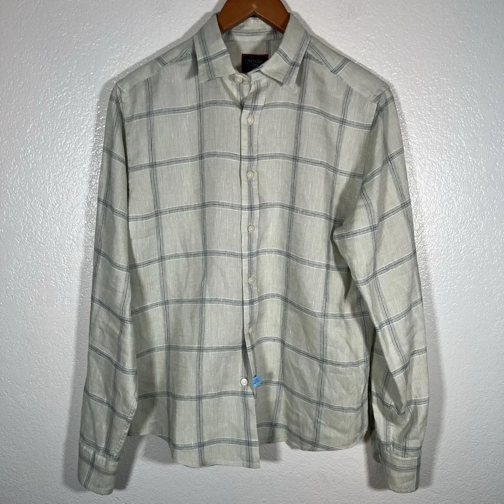 Untuckit Mens Slim S Masaccio WR Linen Cream Navy Plaid Long Sleeve Button Shirt